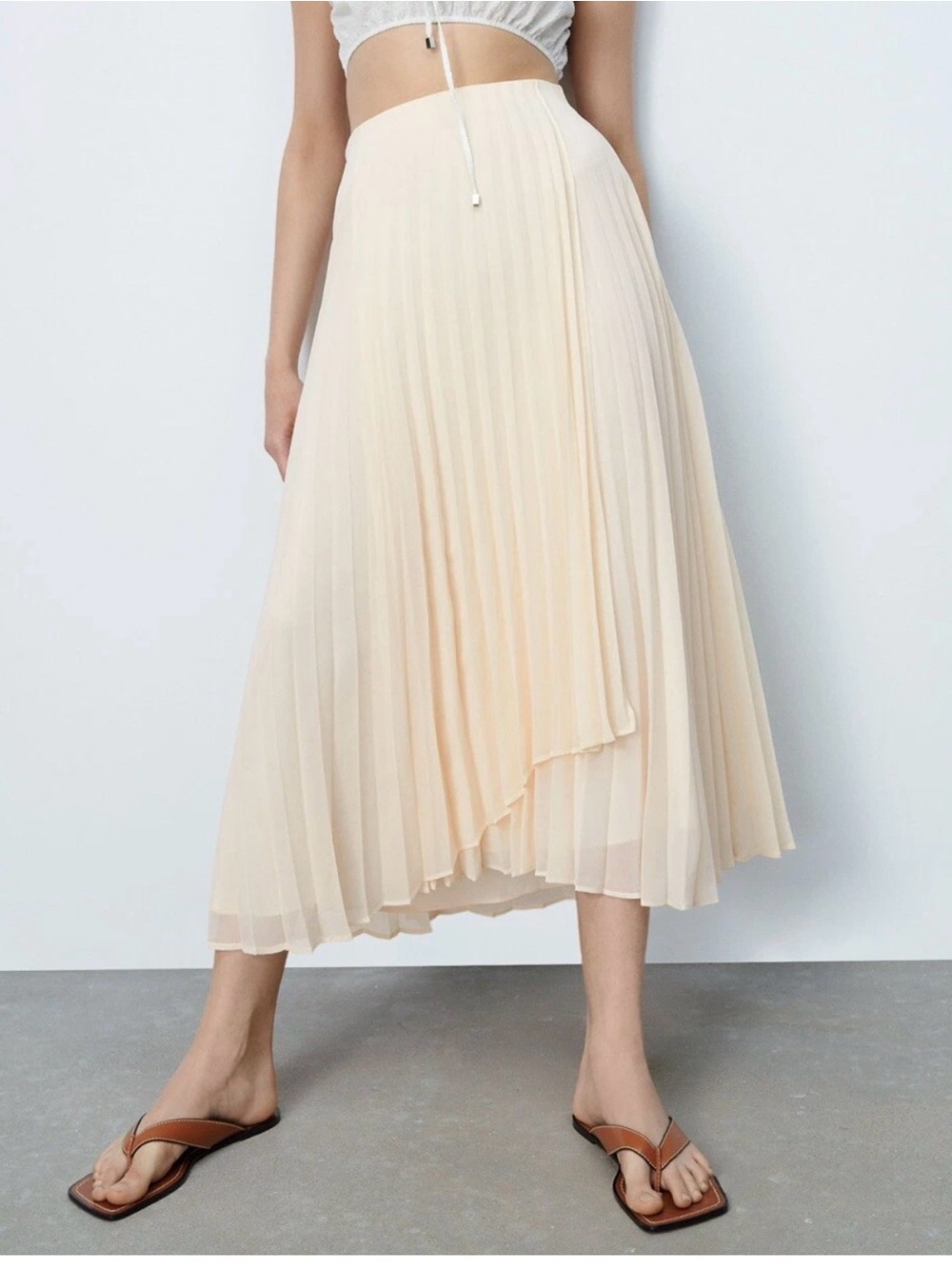 Zara Pleated Midi Skirt in Soft Beige